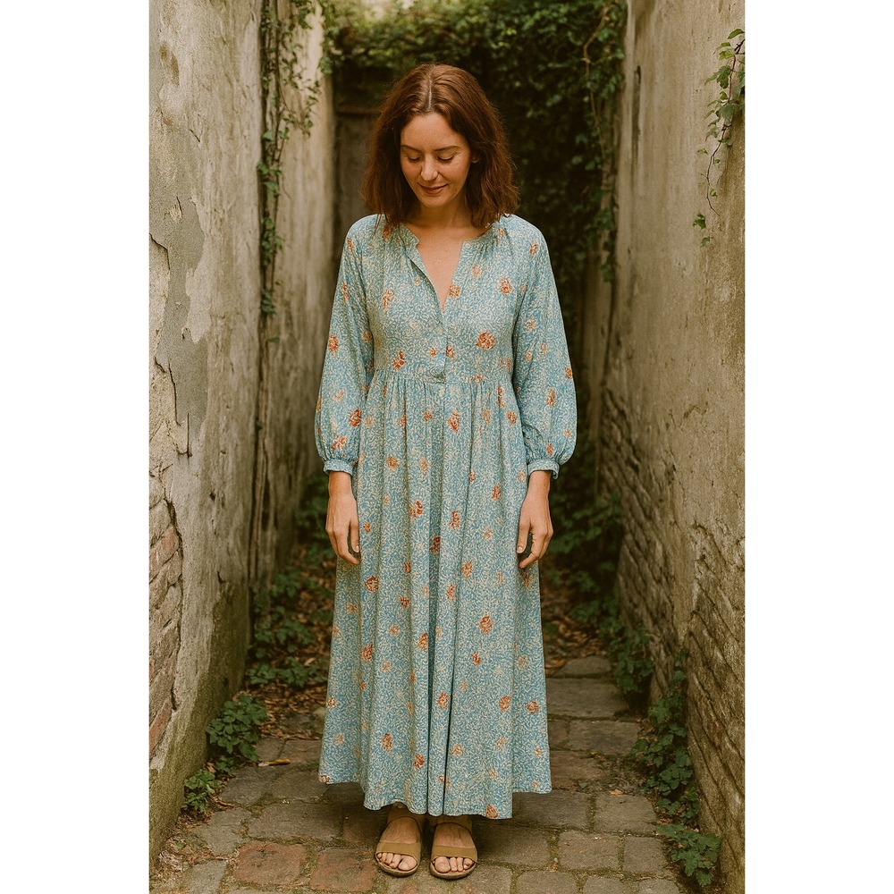 Natalie Martin Silk Dress Women Small Blue Floral Print Maxi‎ Bohemian Australia